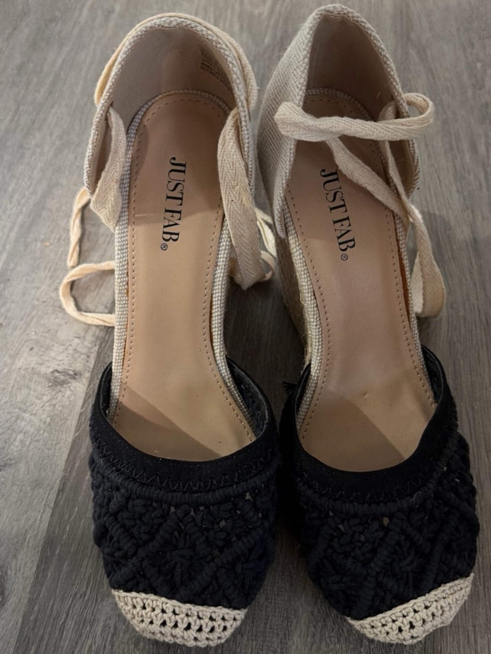 JustFab Black and Cream Crochet Espadrille Wedge Sandals